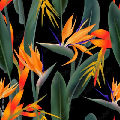 Papier peint  Seamless pattern with palm leaves, bromelia and strelitzia reginae flower known as crane flower, bird of paradise. Tropical flowers and palm background vector. Fabric, textile, green leaves, red bloss