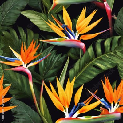 Papier peint  Seamless pattern with palm leaves, bromelia, strelitzia reginae flower known as crane flower, bird of paradise.