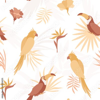 Papier peint  Seamless pattern with parrot, toucan, tropical flowers, palm leaves. Wild birds in yellow trendy colors. Vector summer illustration with strelitzia, cockatoo, fern. Hawaiian background.