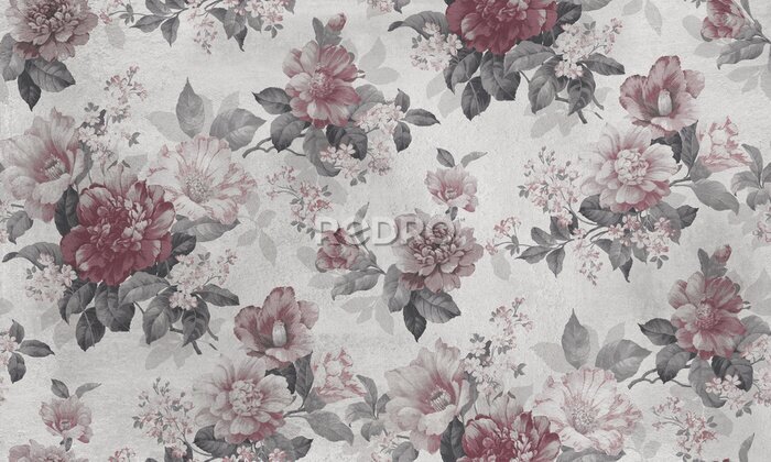 Papier peint  Seamless pattern with pink flowers and leaves. Floral pattern for wallpaper or fabric. Background old concrete wall texture.