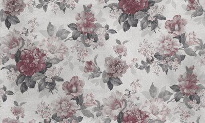 Papier peint  Seamless pattern with pink flowers and leaves. Floral pattern for wallpaper or fabric. Background old concrete wall texture.