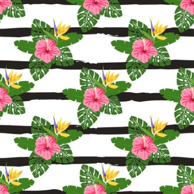 Papier peint  seamless pattern with pink hibiscus flowers, yellow strelitzia, palm leaves and black stripes on white background