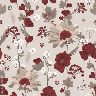 Papier peint  Seamless pattern with red flowers on a beige background