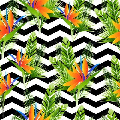 Papier peint  Seamless pattern with strelitzia flowers and green tropical leaves