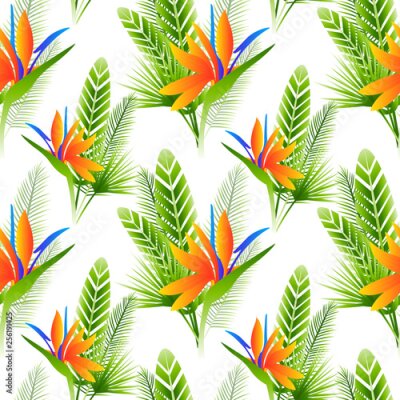 Papier peint  Seamless pattern with strelitzia flowers and green tropical leaves