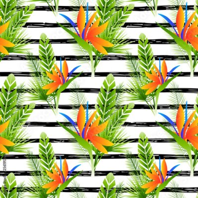 Papier peint  Seamless pattern with strelitzia flowers and green tropical leaves