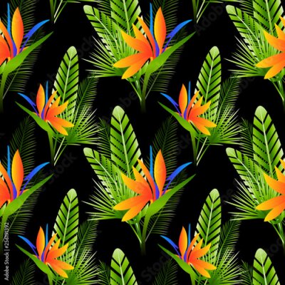 Papier peint  Seamless pattern with strelitzia flowers and green tropical leaves on dark background