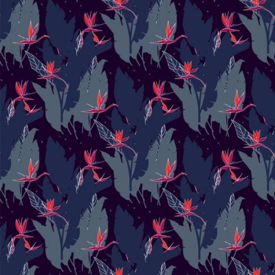 Papier peint  Seamless pattern with strelitzia flowers and leaves. Dark  floral print with bird of paradise or crane flower. Texture with plants for fabric, home decor. .Silhouettes of tropical foliage.