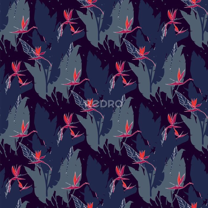 Papier peint  Seamless pattern with strelitzia flowers and leaves. Dark  floral print with bird of paradise or crane flower. Texture with plants for fabric, home decor. .Silhouettes of tropical foliage.