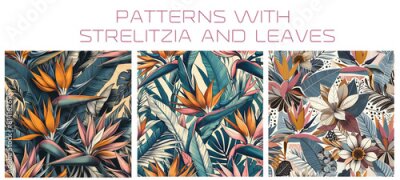 Papier peint  Seamless pattern with strelitzia flowers and tropical leaves.