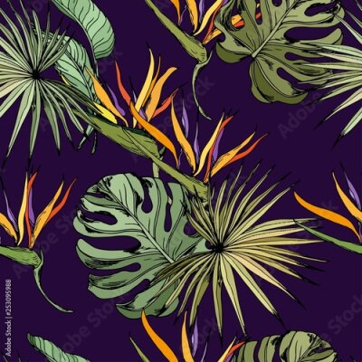 Papier peint  Seamless pattern with strelitzia flowers and tropical leaves. Hand drawn vector on dark purple background.