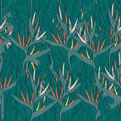 Papier peint  Seamless pattern with strelitzia flowers leaf sketch, black contour pink coral yellow green background. simple ornament, Can be used for Gift wrap, fabrics, wallpapers. Vector