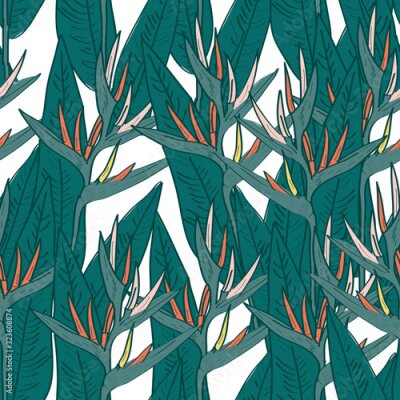 Papier peint  Seamless pattern with strelitzia flowers leaf sketch, black contour pink coral yellow green background. simple ornament, Can be used for Gift wrap, fabrics, wallpapers. Vector