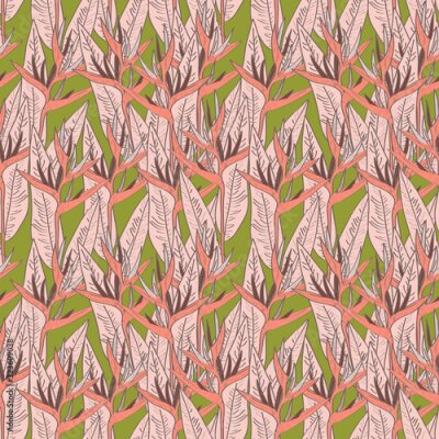 Papier peint  Seamless pattern with strelitzia flowers leaf sketch, black contour pink coral yellow purple green background. simple ornament, Can be used for Gift wrap, fabrics, wallpapers. Vector