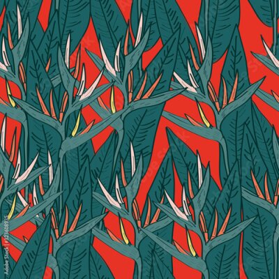 Papier peint  Seamless pattern with strelitzia flowers leaf sketch, black contour pink coral yellow red green background. simple ornament, Can be used for Gift wrap, fabrics, wallpapers. Vector