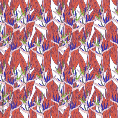 Papier peint  Seamless pattern with strelitzia flowers leaf sketch, black contour purple red green pink coral white background. simple ornament, Can be used for Gift wrap, fabrics, wallpapers. Vector