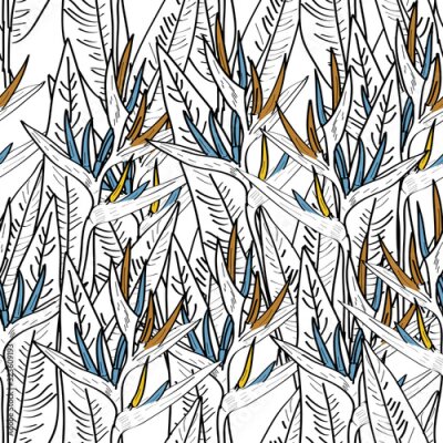 Papier peint  Seamless pattern with strelitzia flowers leaf sketch, blue orange black contour white background. simple ornament, Can be used for Gift wrap, fabrics, wallpapers. Vector