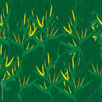 Papier peint  Seamless pattern with strelitzia flowers leaf sketch, yellow green background. simple tropical ornament, Can be used for Gift wrap, fabrics, wallpapers. Vector