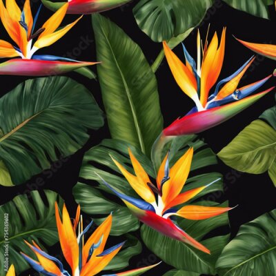 Papier peint  Seamless pattern with strelitzia reginae flowers and leaves on black background