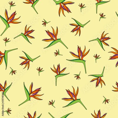 Papier peint  Seamless pattern with Strelitzia reginae flowers, for textiles, packaging, backgrounds and textures..