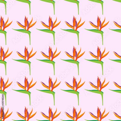 Papier peint  Seamless pattern with Strelitzia reginae flowers, for textiles, packaging, backgrounds and textures..