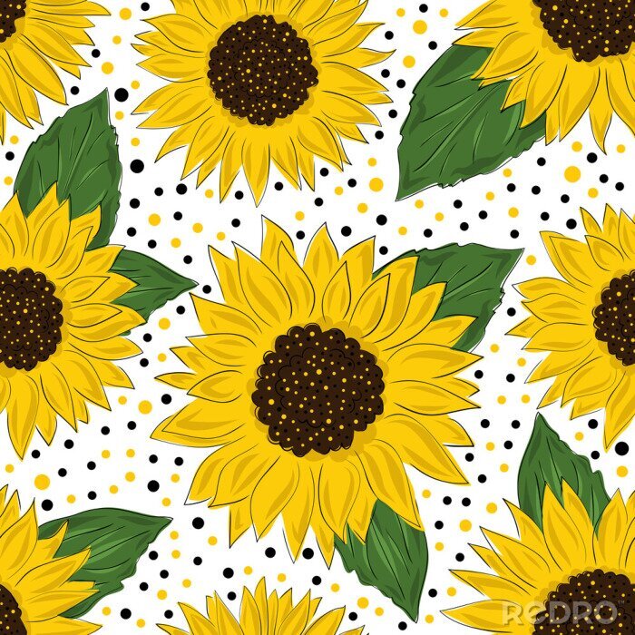 Papier peint  Seamless pattern with sunflowers on white background. Collection decorative floral design elements. Flowers, buds and leaf. Vintage hand drawn vector illustration in sketch and cartoon style.