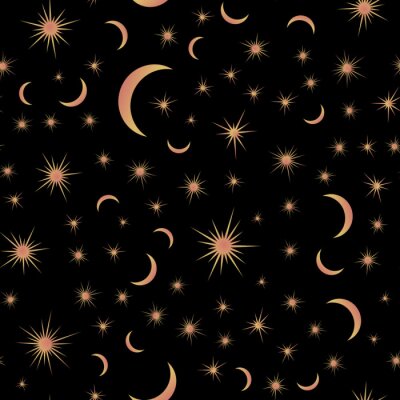 Seamless pattern with suns, moons and stars. Vector gold and black illustration. Print could be used for textile, zodiac star yoga mat, underwear