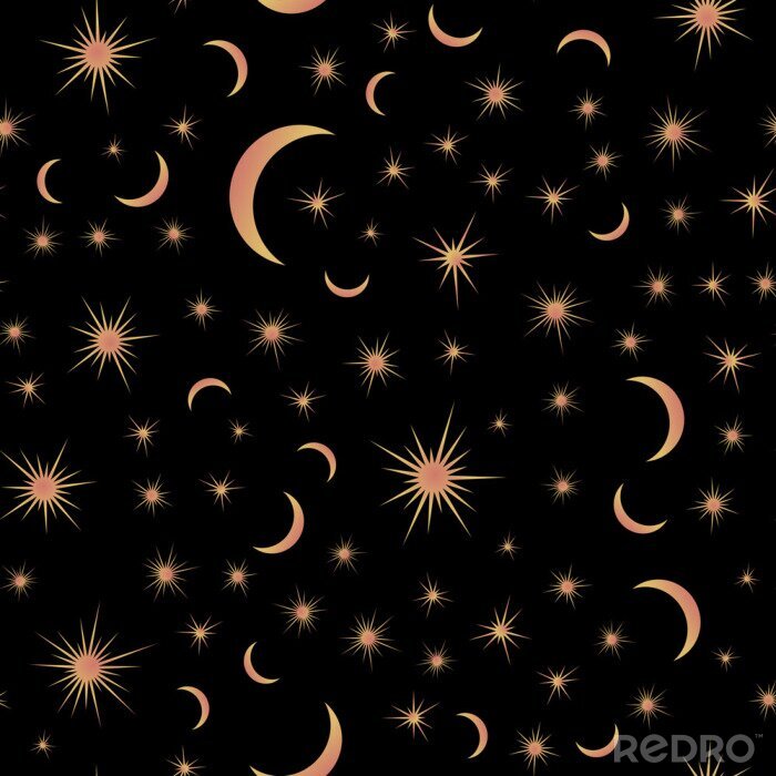 Papier peint  Seamless pattern with suns, moons and stars. Vector gold and black illustration. Print could be used for textile, zodiac star yoga mat, underwear