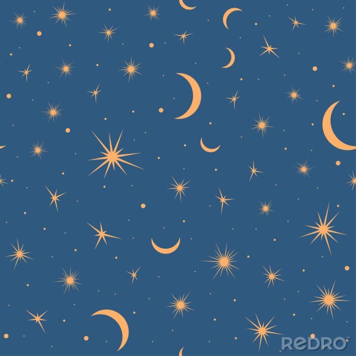 Papier peint  Seamless pattern with suns, moons and stars. Vector gold and blue illustration. Print could be used for textile, zodiac star yoga mat, underwear