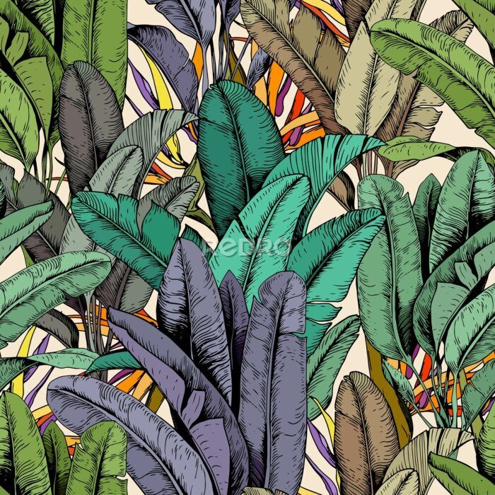 Papier peint  Seamless pattern with tropical banana leaves and strelitzia flowers. Hand drawn vector illustration.