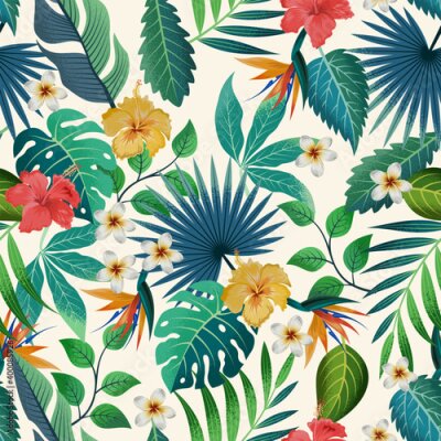 Papier peint  Seamless pattern with tropical beautiful strelitzia flowers and leaves exotic background.