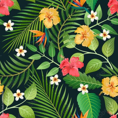 Papier peint  Seamless pattern with tropical beautiful strelitzia flowers and leaves exotic background.