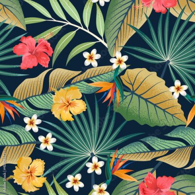 Papier peint  Seamless pattern with tropical beautiful strelitzia flowers and leaves exotic background.
