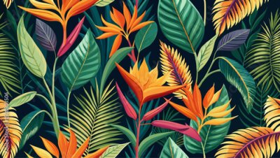 Papier peint  Seamless pattern with tropical beautiful strelitzia flowers and leaves exotic background.