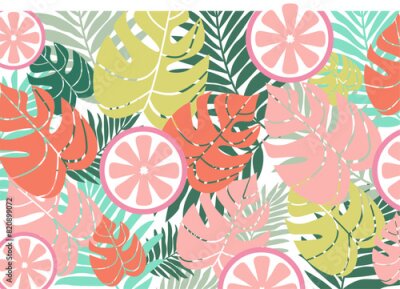 Papier peint  Seamless pattern with tropical beautiful strelitzia flowers and leaves white background.