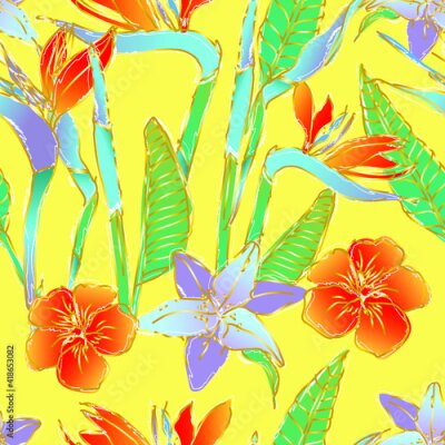 Papier peint  Seamless pattern with tropical flowers and leaves of Strelitzia and lily. Crane flower or bird of paradise. Modern hand drawn, vector for prints, fabric, wallpapers, wrapping paper isolated on yellow