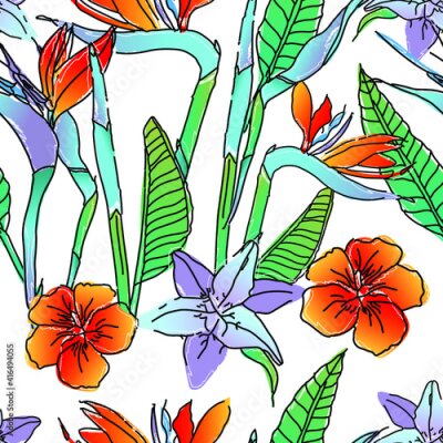 Papier peint  Seamless pattern with tropical flowers and leaves of Strelitzia and lily. Crane flower or bird of paradise. Modern hand drawn, vector for prints, wallpapers, fabric, wrapping paper isolated on white
