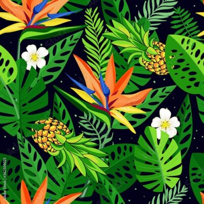 Papier peint  Seamless pattern with tropical flowers and leaves of strelitzia. Hand drawn, vector, bright colours. Background for prints, fabric, wallpapers, wrapping paper.