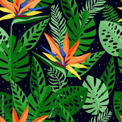 Papier peint  Seamless pattern with tropical flowers and leaves of strelitzia. Hand drawn, vector, bright colours. Background for prints, fabric, wallpapers, wrapping paper.