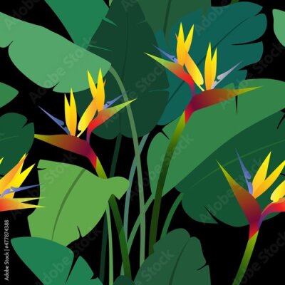 Papier peint  Seamless pattern with tropical flowers and leaves of Strelitzia Reginae