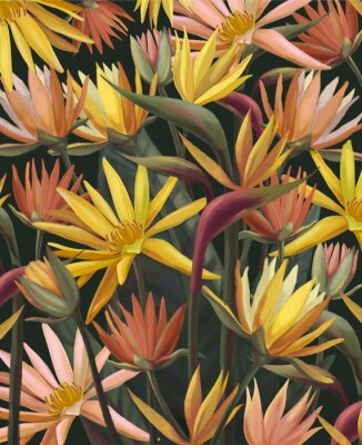 Papier peint  Seamless pattern with tropical flowers and leaves of Strelitzia Reginae. Crane flower or bird of paradise. African flowering plant.