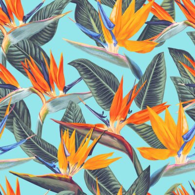Papier peint  ,Seamless pattern with tropical flowers and leaves of Strelitzia Reginae. Realistic style, hand drawn, vector, bright colours. Background for prints, fabric, wallpapers, wrapping paper.