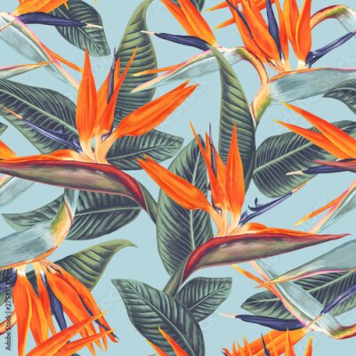 Papier peint  Seamless pattern with tropical flowers and leaves of Strelitzia Reginae. Realistic style, hand drawn, vector, bright colours. Background for prints, fabric, wallpapers, wrapping paper.