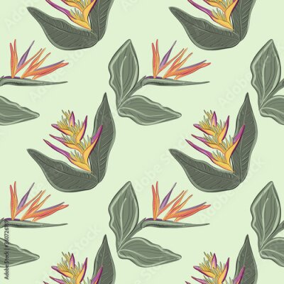 Papier peint  Seamless pattern with tropical flowers and leaves of Strelitzia Reginae. Realistic style, hand drawn, vector, bright colours. Background for prints, fabric, wallpapers, wrapping paper.