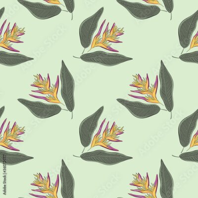 Papier peint  Seamless pattern with tropical flowers and leaves of Strelitzia Reginae. Realistic style, hand drawn, vector, bright colours. Background for prints, fabric, wallpapers, wrapping paper.