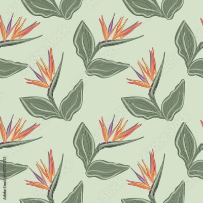Papier peint  Seamless pattern with tropical flowers and leaves of Strelitzia Reginae. Realistic style, hand drawn, vector, bright colours. Background for prints, fabric, wallpapers, wrapping paper.