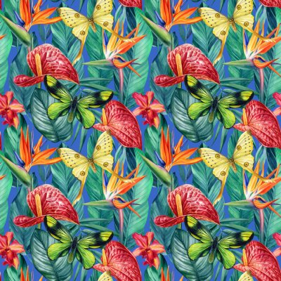 Papier peint  Seamless pattern with tropical flowers anthurium, strelitzia reginae, leaves and butterfly, watercolor painting