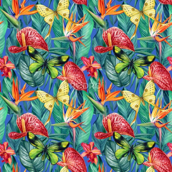 Papier peint  Seamless pattern with tropical flowers anthurium, strelitzia reginae, leaves and butterfly, watercolor painting