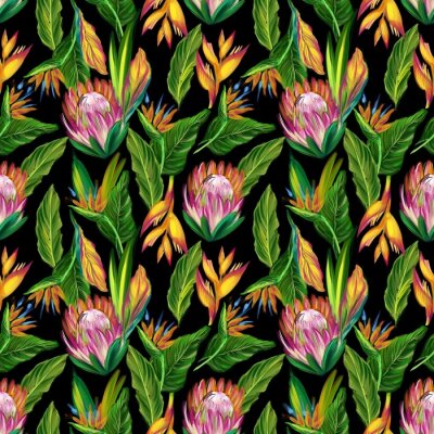 Papier peint  Seamless pattern with tropical flowers, leaf, protea, strelitzia in digital, realistic style. Jungle illustration print