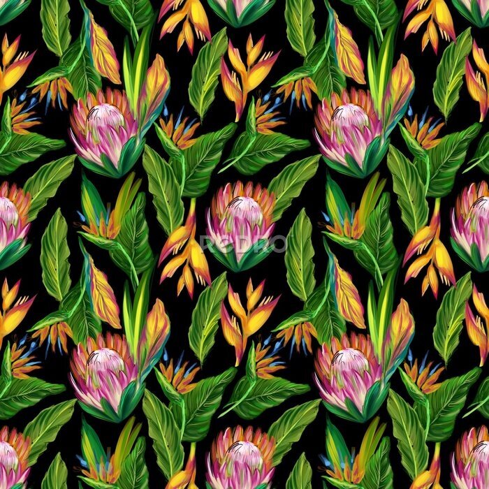 Papier peint  Seamless pattern with tropical flowers, leaf, protea, strelitzia in digital, realistic style. Jungle illustration print